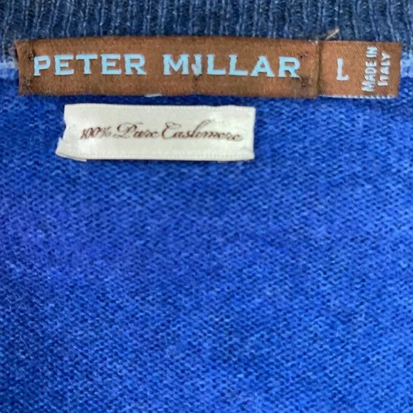 NWOT $580 Peter Millar Men Blue 100% Cashmere V neck Sweater Made in Italy L